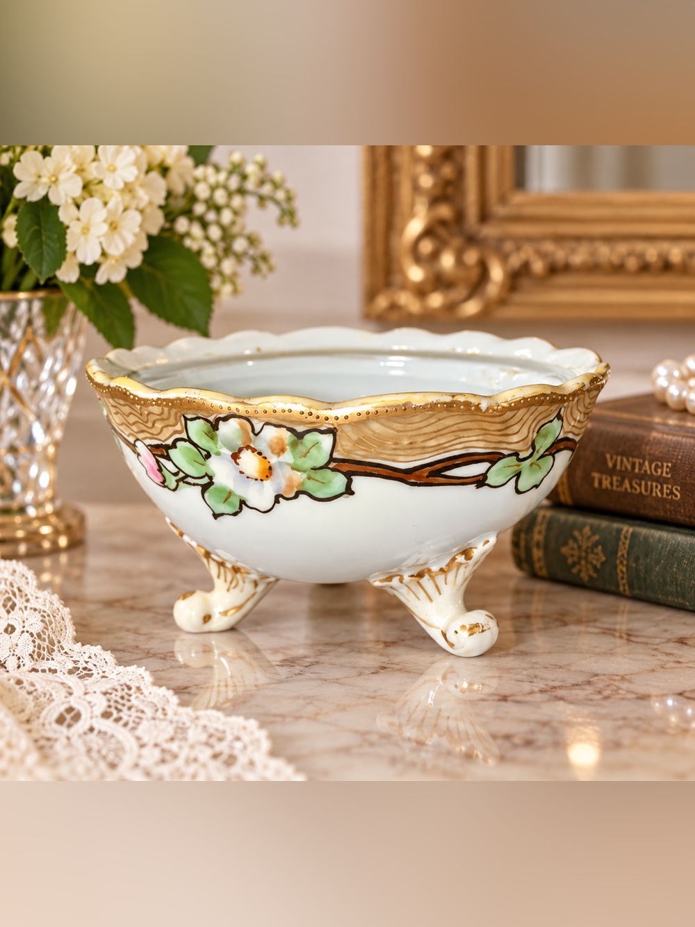 Antique Nippon Morimura Footed Bowl Hand Painted Floral Gold Gilt 1911-1921